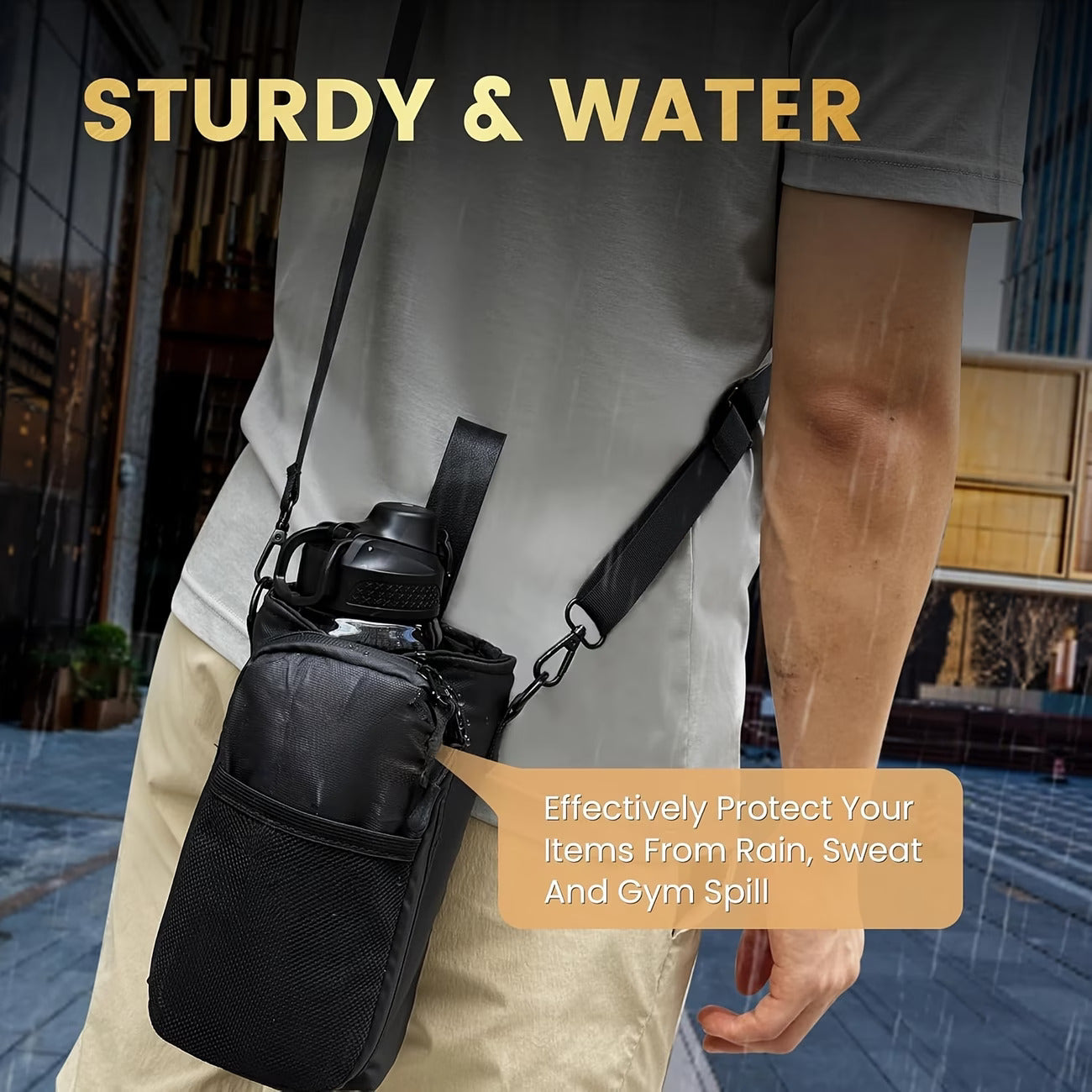 Magnetic Gym Water Bottle Holder Bag with Phone Pocket, Fits 10-50oz (300-1400ml) Bottles, Adjustable Shoulder Strap. (Black)
