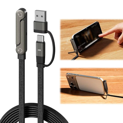 3-in-1 Invisible Holder Charger Cable with Stand, Nylon Braided USB C Or A to USB C Cable 1.5M, 240W Fast Charging Cord Phone Stand, Sideways Phone Charger
