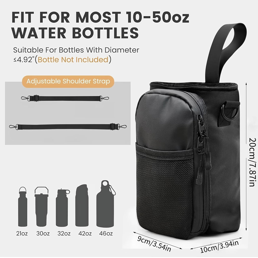 Magnetic Gym Water Bottle Holder Bag with Phone Pocket, Fits 10-50oz (300-1400ml) Bottles, Adjustable Shoulder Strap. (Black)