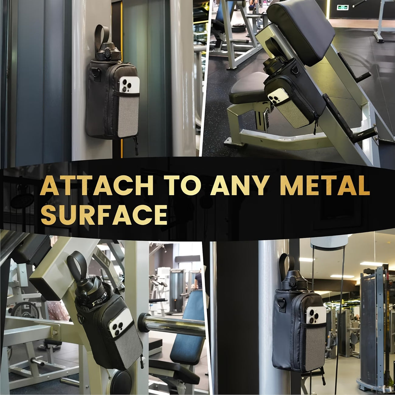 Magnetic Gym Water Bottle Holder Bag with Phone Pocket, Fits 10-50oz (300-1400ml) Bottles, Adjustable Shoulder Strap. (Black)