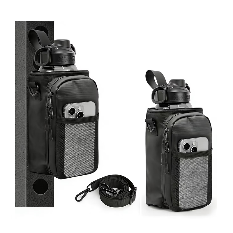 Magnetic Gym Water Bottle Holder Bag with Phone Pocket, Fits 10-50oz (300-1400ml) Bottles, Adjustable Shoulder Strap. (Black)