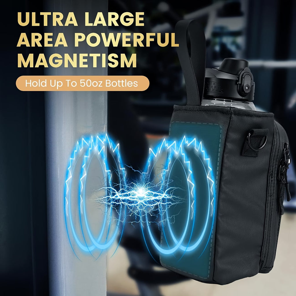 Magnetic Gym Water Bottle Holder Bag with Phone Pocket, Fits 10-50oz (300-1400ml) Bottles, Adjustable Shoulder Strap. (Black)