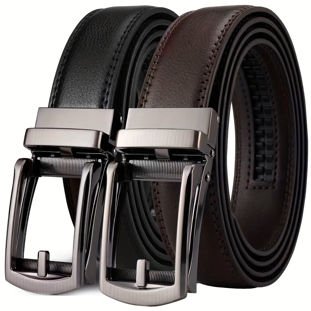 Dual-Layer Cowhide Automatic Leather Ratchet Belt (Brown/Black)