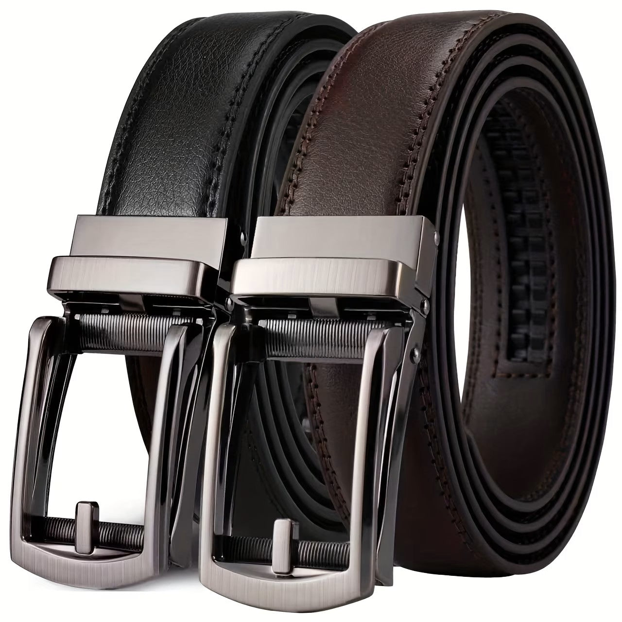 Dual-Layer Cowhide Automatic Leather Ratchet Belt (Brown/Black)